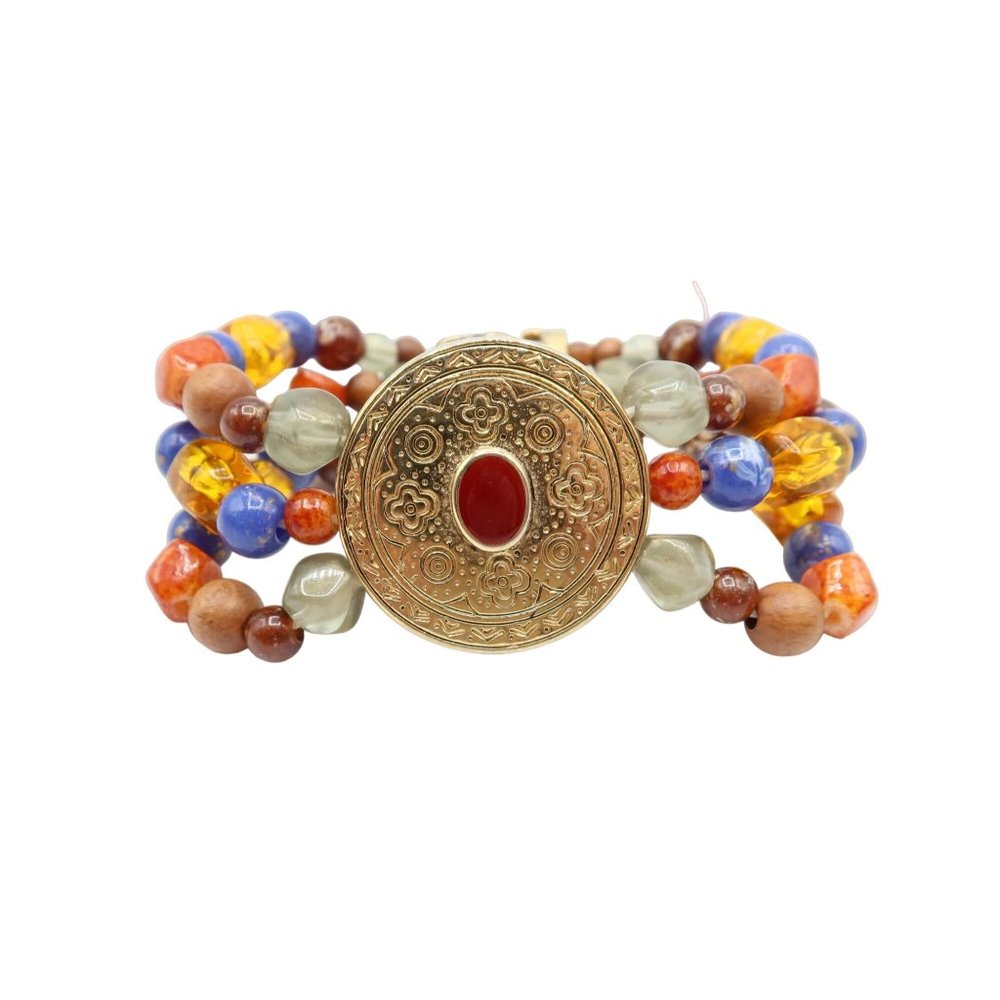 LIZ CLAIBORNE Cabochon Medallion Multicolor Beaded Goldtone Boho Bracelet 7.5"